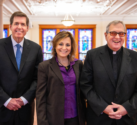 An aerial view of campus showing College Hall and the Spires of St. Aloysious